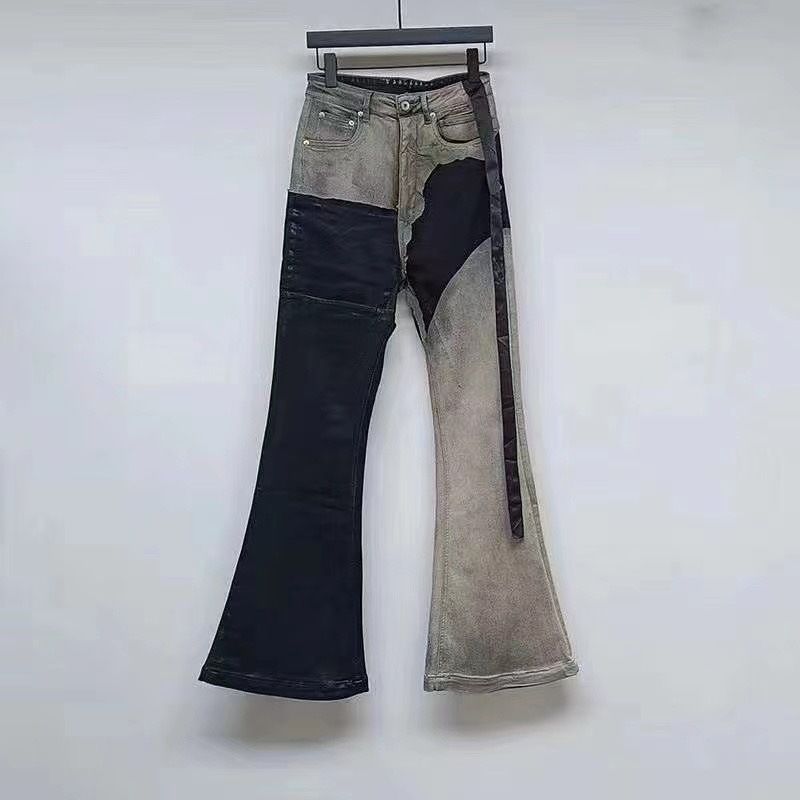 Distressed Waxed Oversized Flared Jeans Raw Edge Denim Pants Vintage Washed Cotton Stacked Hem Patchwork Accents M-XXL_mkmklike.com