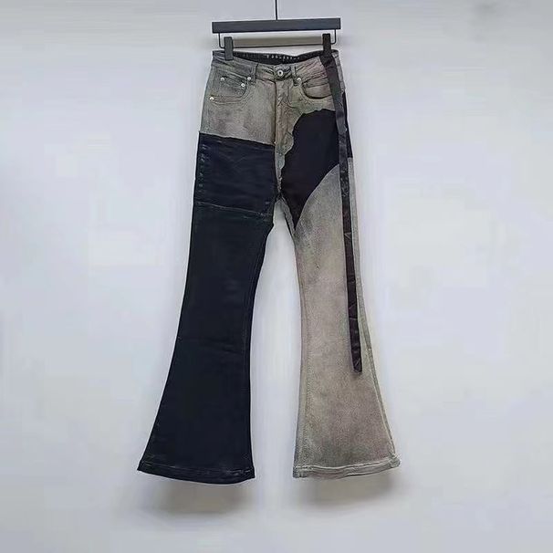 Distressed Waxed Oversized Flared Jeans Raw Edge Denim Pants Vintage Washed Cotton Stacked Hem Patchwork Accents M-XXL_mkmklike.com