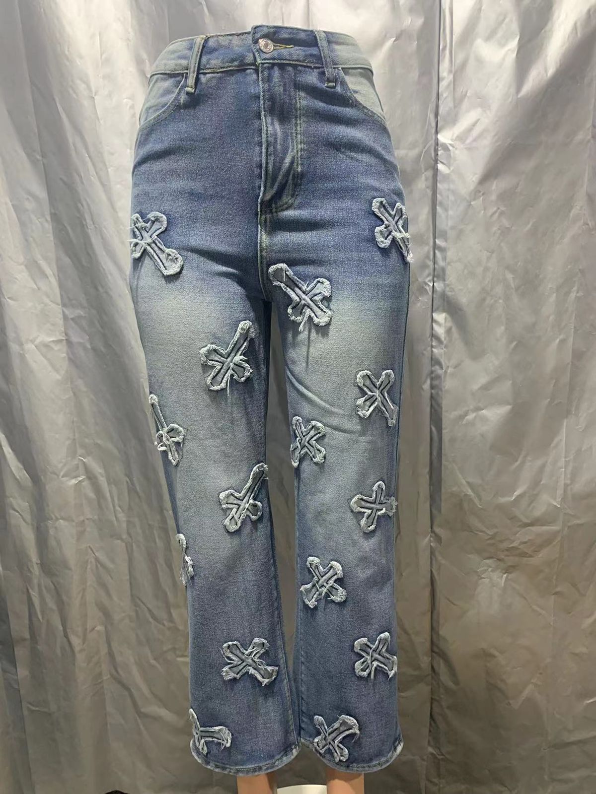 Women's Clothing Washed Denim Cross Hip Hop Straight Trousers_mkmklike.com