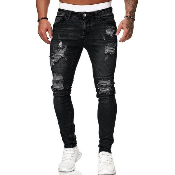 Men's Ripped Slim Fit Jeans - Stretch Denim Pants With Distressed Wash For Casual Streetwear_mkmklike.com