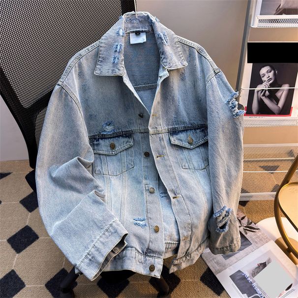Men's Distressed Denim Jacket With Washed Effect Streetwear Style Workwear Coat, Loose Fit, Turn-Down Collar, Multiple Pockets, Casual Outerwear_mkmklike.com