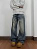 Unisex American Style Washed Retro Cleanfit Jeans Loose Straight Leg High Street Distressed Casual Pants Blue mid Waist Zipper Fly_mkmklike.com