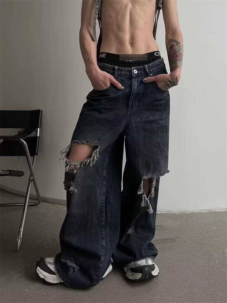 Men's Clothing Loose Straight Leg Blue Jeans Retro Washed Distressed And Ripped Design Versatile Wide Leg Beggar Pants_mkmklike.com
