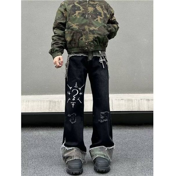 Men's Clothing Regular Urban Graffiti Camo Patchwork Jeans For Teens & Young Adults - High Street Fashion Unisex Denim Pants With Zipper (S-4XL)_mkmklike.com
