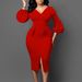 Women's V-neck Puff Sleeve Split Dress office Pencil Skirt _mkmklike.com