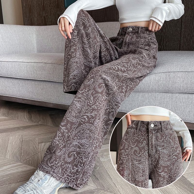 Blue Printed Wide-leg Jeans For Women, 2025 New Model, Ultra-sparkling Design, Chinese Style, Slim-fit Long Pants A8577_mkmklike.com