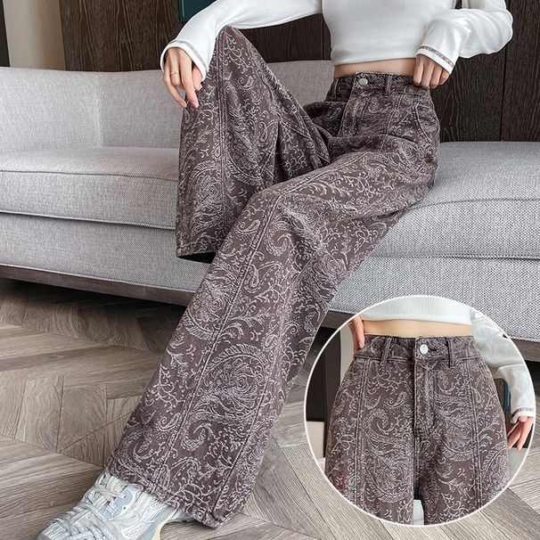 Blue Printed Wide-leg Jeans For Women, 2025 New Model, Ultra-sparkling Design, Chinese Style, Slim-fit Long Pants A8577_mkmklike.com