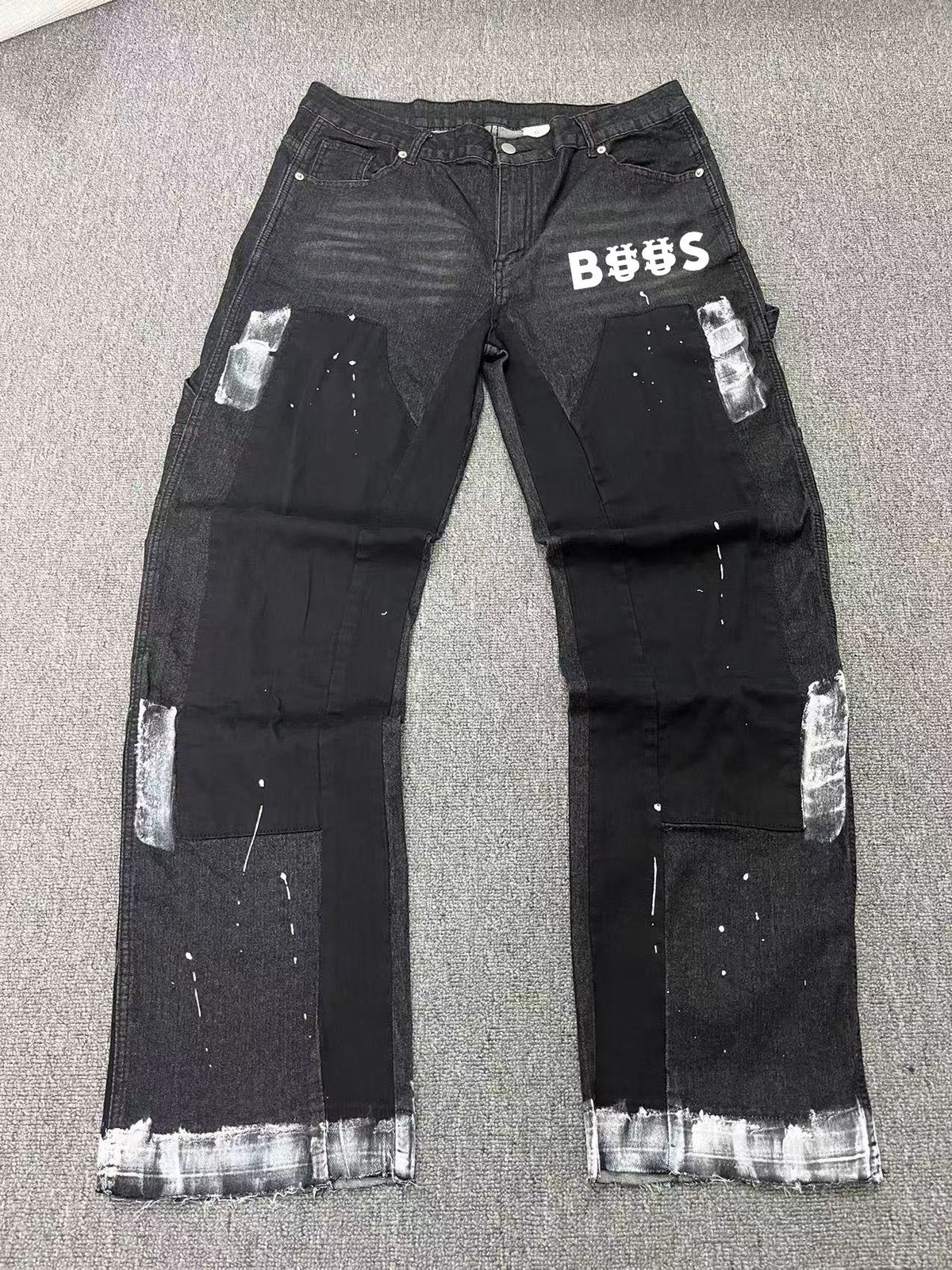 Men's Clothing Menswear Trendy Patchwork Distressed Washed Denim Cargo Pants With Hand Painted Details, US Style Combination Jeans._mkmklike.com