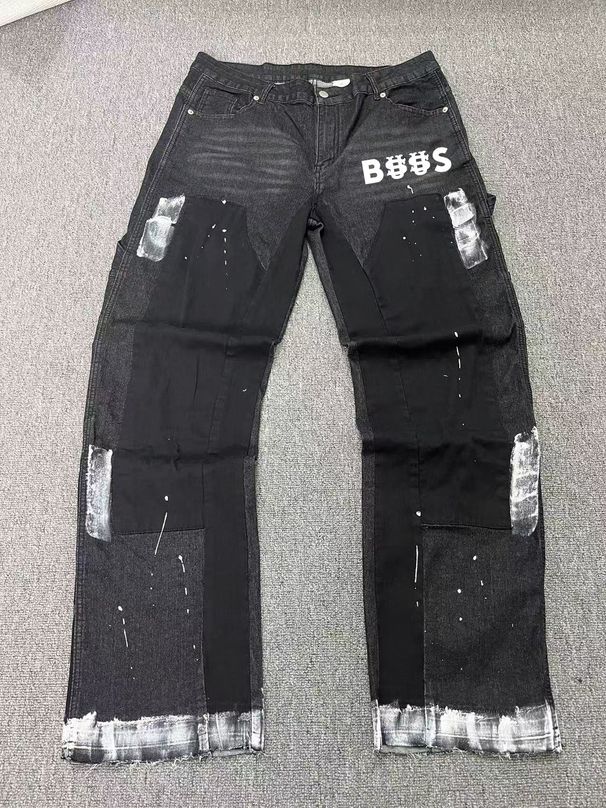 Men's Clothing Menswear Trendy Patchwork Distressed Washed Denim Cargo Pants With Hand Painted Details, US Style Combination Jeans._mkmklike.com