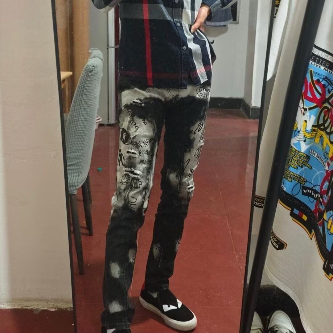 Men's Clothing Distressed Paint Splatter Jeans - Stretch Denim Pants With Artistic Graffiti Patches, Slim Fit, Ripped Details, Comfortable & Stylish_mkmklike.com