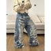 Trendy Blue Ripped Jeans Men's Autumn And Winter New Style American Beggar Oversized Straight Wide Leg Pants_mkmklike.com