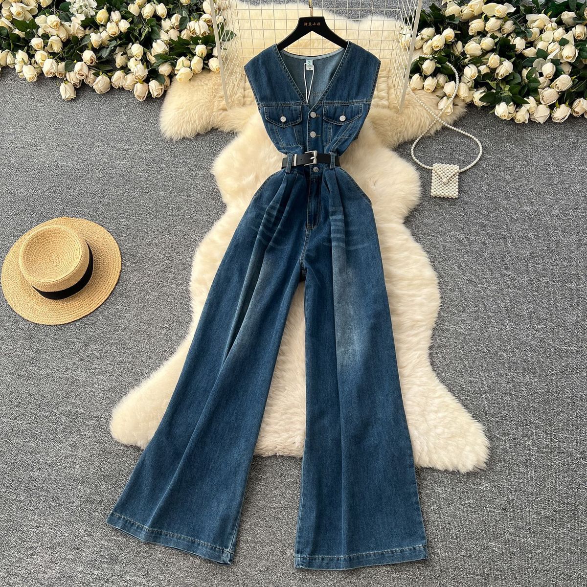 Lightly Mature Retro Fashion V Neck Sleeveless Jumpsuit For Women 2025 Summer High Grade Strappy Waisted Denim Wide Leg Pants_mkmklike.com