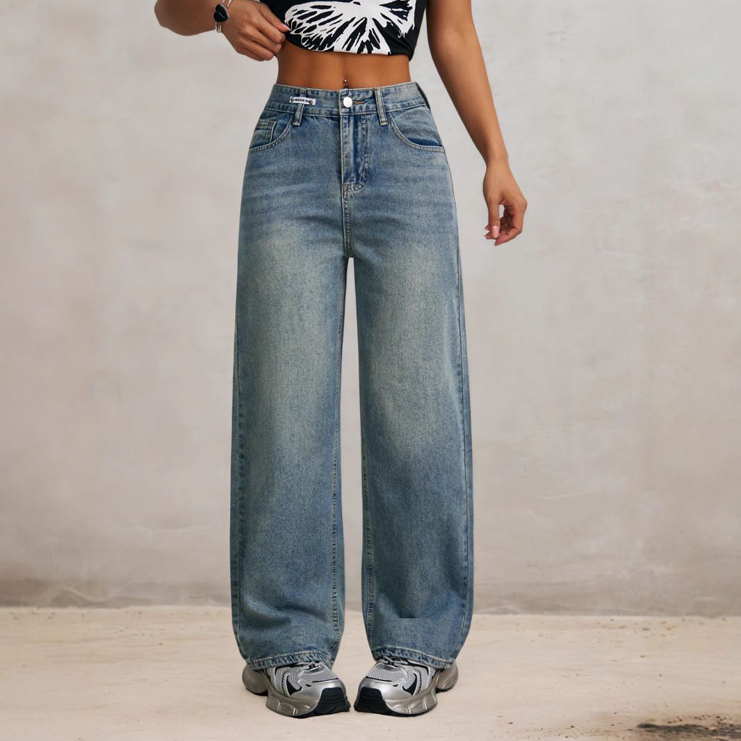 "Vintage High Waist Wide Leg Jeans For Women – Retro Korean Style, Loose Fit & Comfortable Cotton (Vintage Blue, XS-2XL)"_mkmklike.com