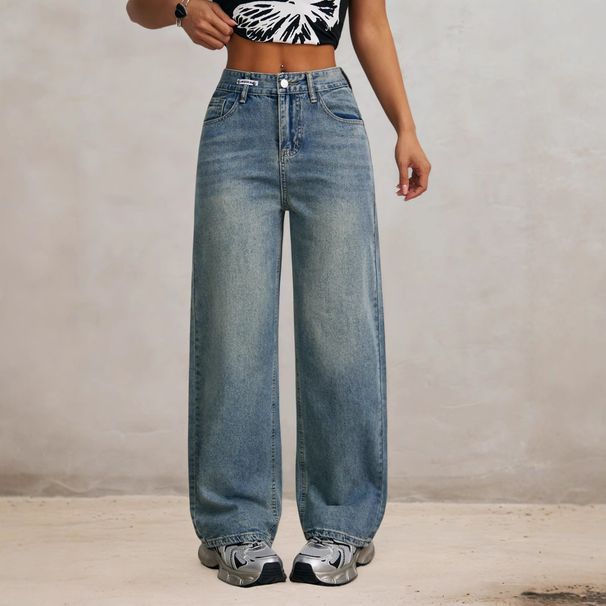 "Vintage High Waist Wide Leg Jeans For Women – Retro Korean Style, Loose Fit & Comfortable Cotton (Vintage Blue, XS-2XL)"_mkmklike.com