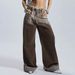 Women's Retro High-Waisted Brushed Jeans – Vintage Wash, Wide-Leg Straight Fit (S-L, Black/Brown)_mkmklike.com