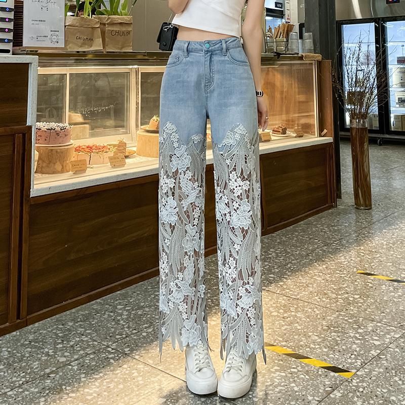 Elegant Lace Trim Straight Leg Jeans For Women - Vintage High Waist Denim Pants With Unique Design, Comfortable & Stylish Casual Trousers_mkmklike.com