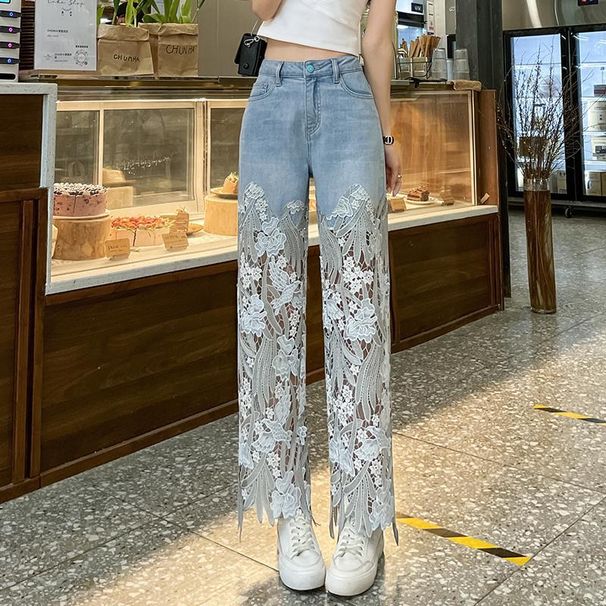 Elegant Lace Trim Straight Leg Jeans For Women - Vintage High Waist Denim Pants With Unique Design, Comfortable & Stylish Casual Trousers_mkmklike.com