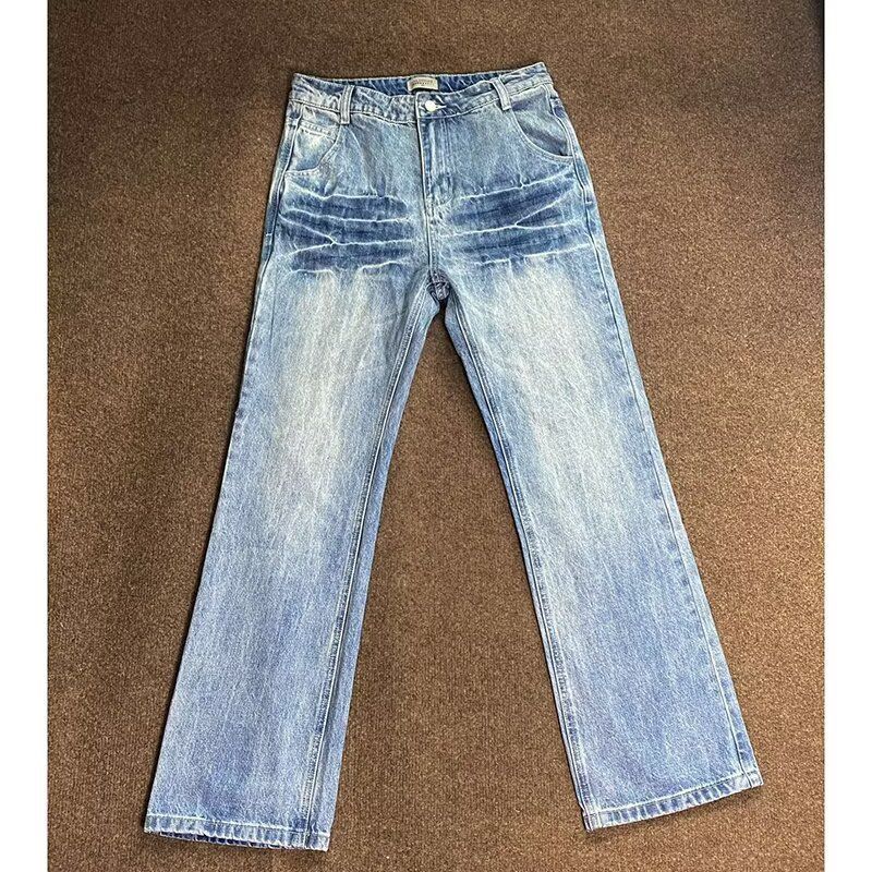 Men's Washed Blue Slim Straight Jeans – Vintage Streetwear Style (S-3XL, Mid-Rise, Stretch Comfort) – Trendy & Breathable_mkmklike.com