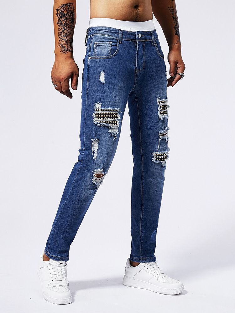 Men's Clothing Patch Rivet Jeans Men's Blue Elastic Small Straight Leg Slim Hole Jeans_mkmklike.com