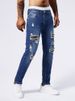 Men's Clothing Patch Rivet Jeans Men's Blue Elastic Small Straight Leg Slim Hole Jeans_mkmklike.com