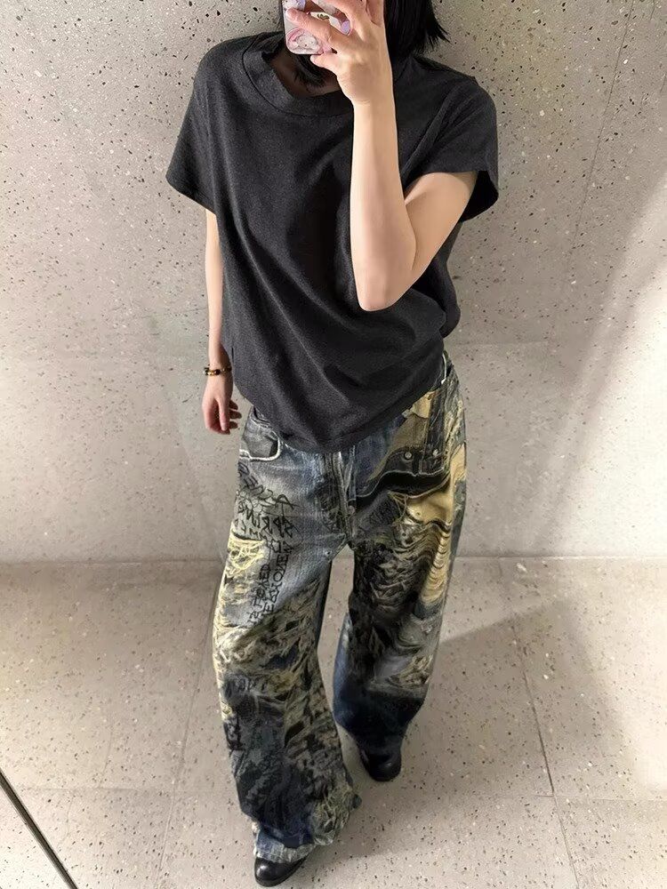 Men's Clothing Graffiti Destroyed 3D Digital Distressed Jeans American Street Niche Design Straight Loose Wide Leg Trousers_mkmklike.com