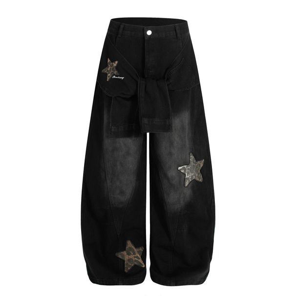 American High Street Lace-Up Denim Wide-Leg Men's Niche Design Five-Pointed Star Personalized Patch Embroidery Scimitar_mkmklike.com