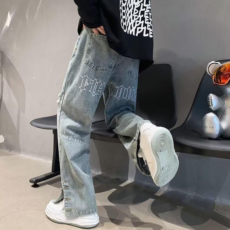 American Vibe Pants High Street Trendy Brand Ins Ripped Jeans Men's Design Breasted Split Wide-leg Trousers_mkmklike.com