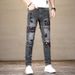 Men's Distressed Print Skinny Jeans – Vintage-Inspired Patchwork Denim Pants With Mid-Rise Fit & Stretch Comfort (Dark Grey, 28-38)_mkmklike.com