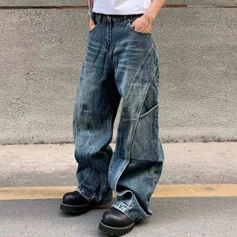 Men's American Style Deconstructed Washed Denim Jeans Loose Fit Straight Leg Distressed Heavyweight Wide Leg_mkmklike.com
