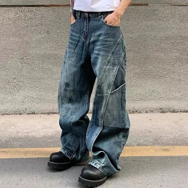 Men's American Style Deconstructed Washed Denim Jeans Loose Fit Straight Leg Distressed Heavyweight Wide Leg_mkmklike.com