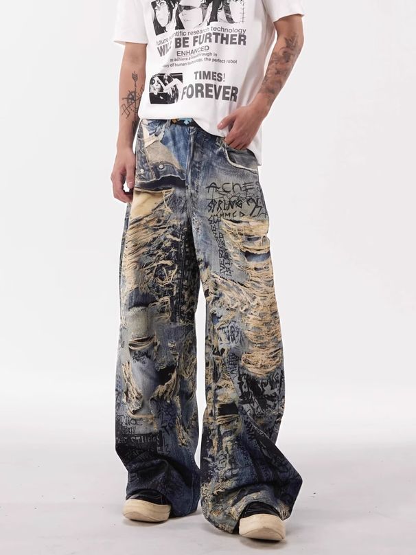 Men's Graffiti Destroyed 3D Digital Distressed Jeans Street Niche Design Straight Loose Wide Leg Trousers_mkmklike.com