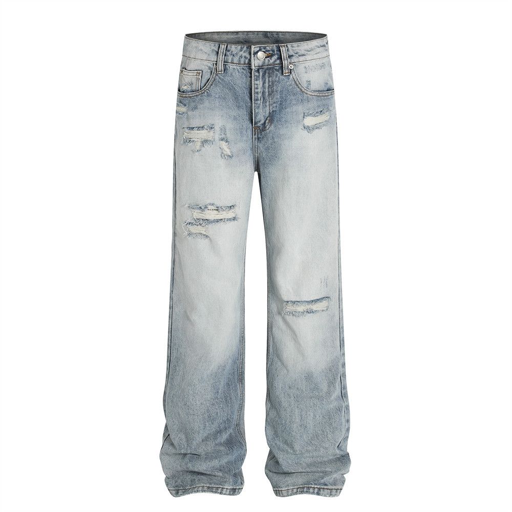 Distressed Washed Gradient Denim Men's Punk Trendy Floor-Length Frayed Vintage Wide-Leg Straight Pants_mkmklike.com