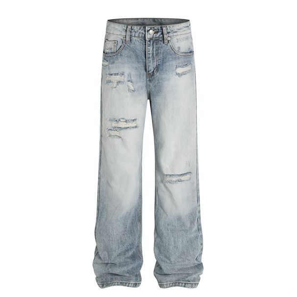 Distressed Washed Gradient Denim Men's Punk Trendy Floor-Length Frayed Vintage Wide-Leg Straight Pants_mkmklike.com