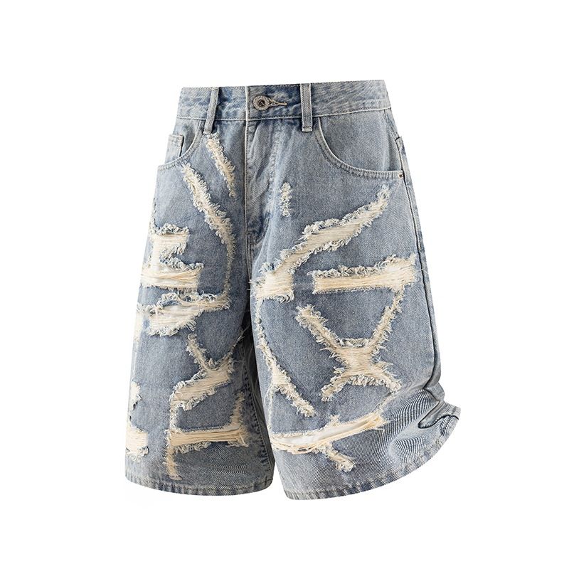 Men's Summer Trendy Denim Shorts Light Blue Washed Frayed Edges Loose Straight Leg Jeans_mkmklike.com