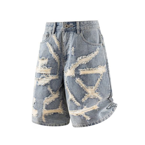 Men's Summer Trendy Denim Shorts Light Blue Washed Frayed Edges Loose Straight Leg Jeans_mkmklike.com