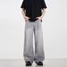 Unisex Smoky Gray Solid Color High Waist Straight Leg Jeans Loose Wide Leg Floor Length Versatile Long Pants American Retro High Street Style_mkmklike.com