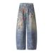 American Style 3D Digital Print Bear Chain Jeans For Men And Women, Designed Washed Wide-Leg Couple Straight Pants_mkmklike.com