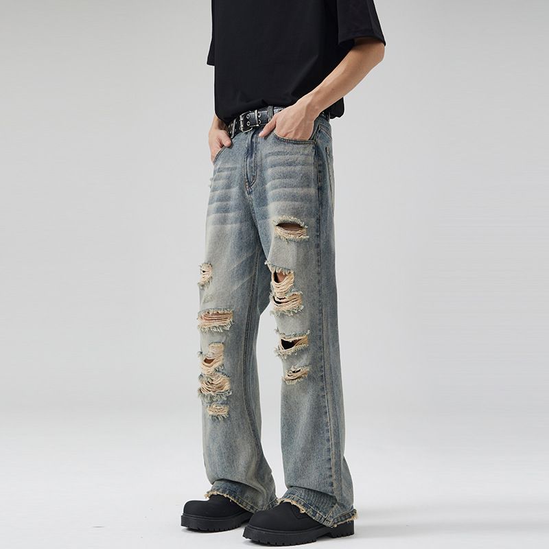Men's Heavy Ripped Jeans Hip Hop Distressed Loose Fit Slimming Flare Pants American High Street Style For Men And Women_mkmklike.com