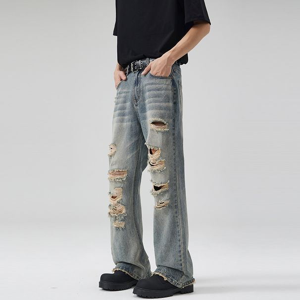 Men's Heavy Ripped Jeans Hip Hop Distressed Loose Fit Slimming Flare Pants American High Street Style For Men And Women_mkmklike.com