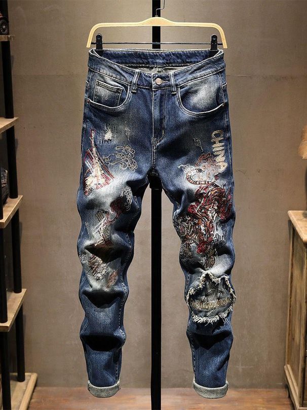 Men's Stretch Denim Jeans With Embroidery - Trendy Straight Leg Distressed Jeans For Spring Trendy Distressed Design_mkmklike.com