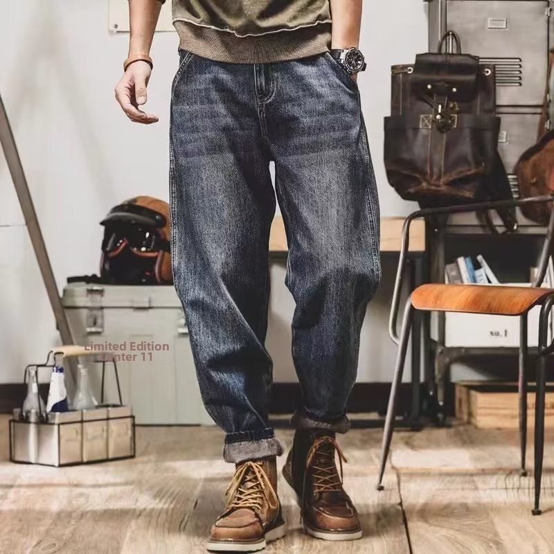 Men's Retro Deep Blue Loose Fit Straight Leg Jeans Casual Versatile Slimming Style For Autumn_mkmklike.com