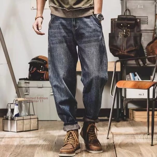 Men's Retro Deep Blue Loose Fit Straight Leg Jeans Casual Versatile Slimming Style For Autumn_mkmklike.com