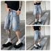 Men's High Street Rhinestone Embroidered Denim Shorts - Loose Fit Cargo Shorts For Summer, Streetwear Style, Retro Blue & Black_mkmklike.com