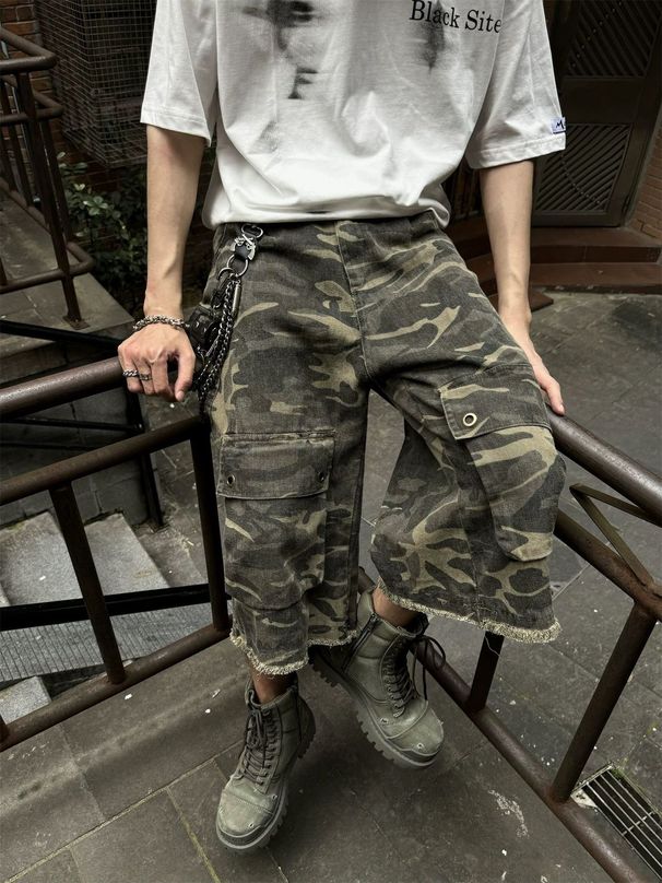 Men's Clothing Retro Destroyed Washed Pocket Workwear Camouflage Cropped Pants Men And Women Trendy Loose Casual Straight Shorts_mkmklike.com