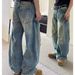 Men's Trendy Loose Straight Leg Jeans High Street Style Vibe American Retro Washed Distressed Curved Trousers_mkmklike.com