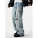 Men's Retro Washed Distressed Handmade Ripped Jeans Trendy Loose Straight Leg Trousers Versatile For Commuting_mkmklike.com