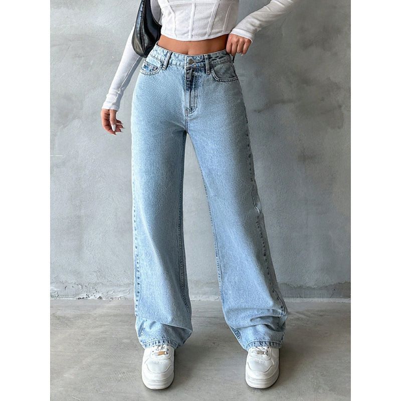 High-Waisted Retro Draped Denim Jeans for Women Wide Leg Loose Straight Leg Trousers_mkmklike.com