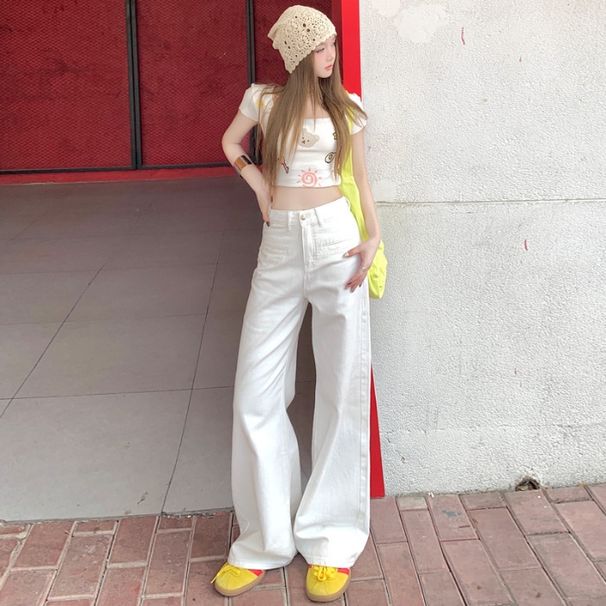American-style Unique Open-pocket Design White Wide-leg Jeans For Women, High-waisted, Loose-fitting, Drapey_mkmklike.com