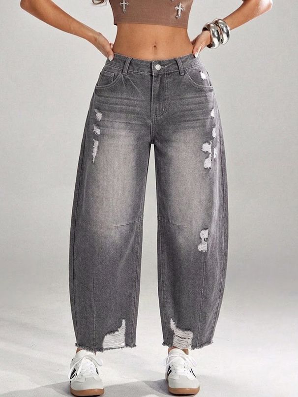 High-Waisted Grey Ripped Frayed Hem Banana Jeans Women's Retro Washed Loose Cropped Carrot Pants WT29_mkmklike.com