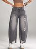 High-Waisted Grey Ripped Frayed Hem Banana Jeans Women's Retro Washed Loose Cropped Carrot Pants WT29_mkmklike.com